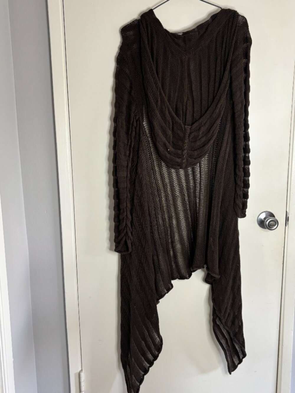 Deep Brown Hand Loomed Open Knit Made in Peru Longline Hooded Cardigan - Picture 8 of 13